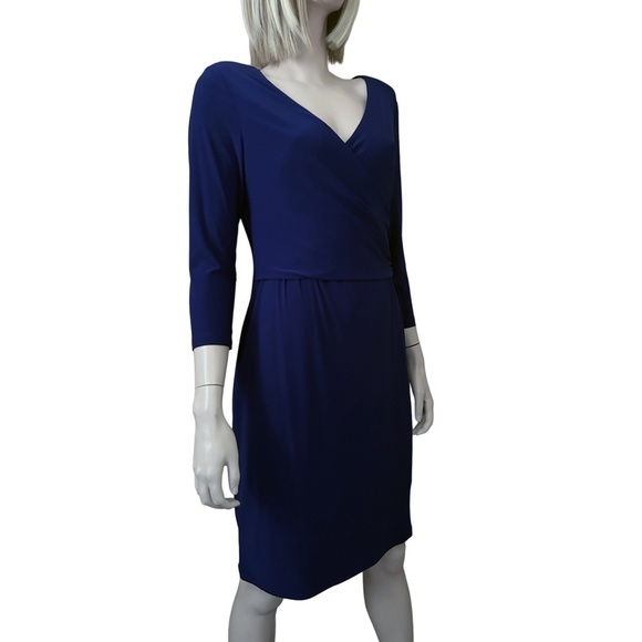 Ralph Lauren Dress Surplice Jersey Ruching ΒΎ Sleeve Cross Over Plunge Neck - Picture 8 of 15